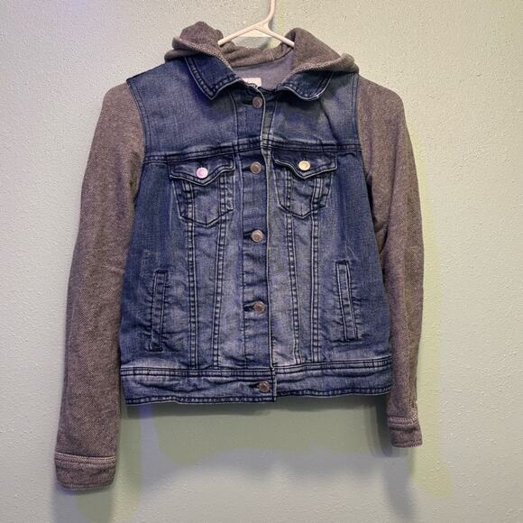 Old Navy Jackets & Blazers - Old Navy Juniors Blue Denim Hooded Jacket with Gray Sleeves Size Small